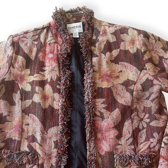 Vintage Y2K Chico's Silk Tapestry Jacket Floral Earth Tones Size 2 Boho Hippy - Picture 2 of 8